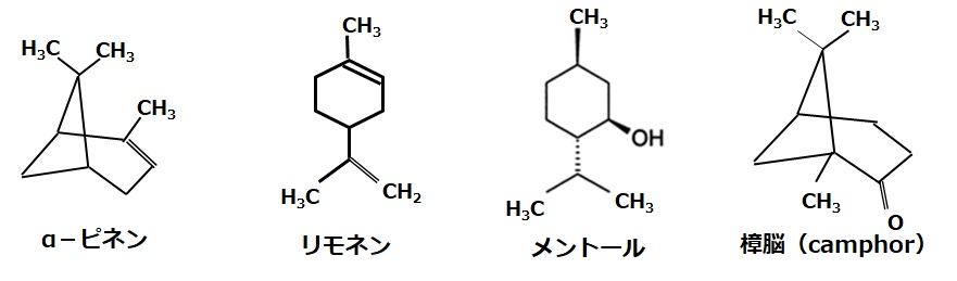 テルペン類の化学構造式
α－ピネン
リモネン
メントール
樟脳
